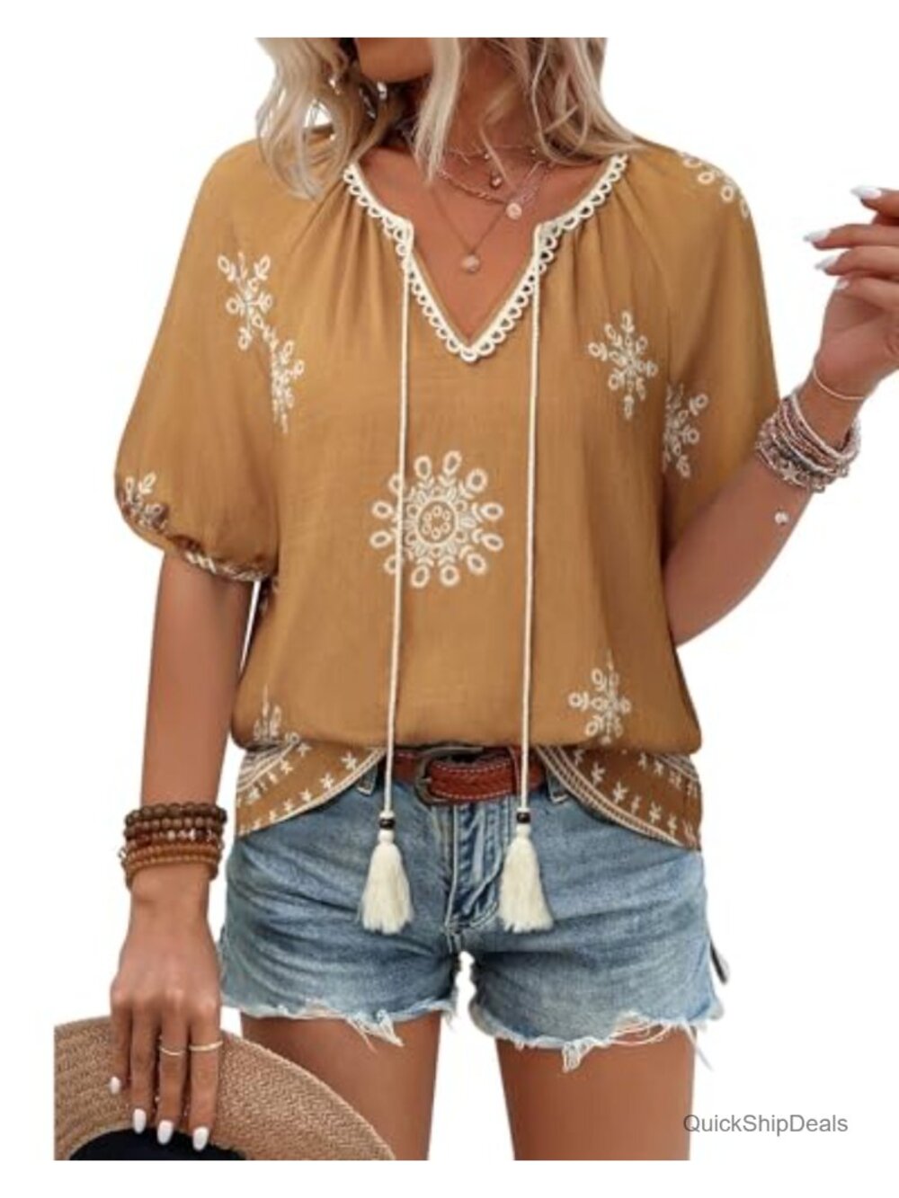 Womens Boho Floral Blouse V Neck Short Sleeve Tie Front Flowy Vacation Top